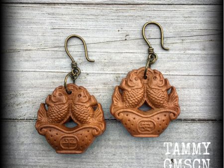 Koi fish earrings-Carved wood earrings Sale