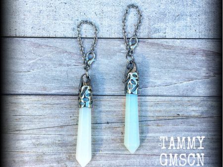 Opalite earrings-Gemstone tunnel dangles Cheap