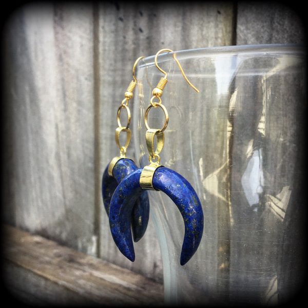 Lapis Lazuli double horn earrings-Gemstone earrings Online Hot Sale